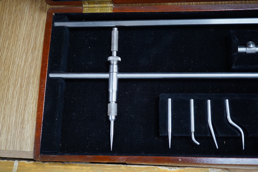 A wooden boxed Rolls stainless steel beam compass, box 53cm x 19cm. Condition - box scratched, compass good, no elements missing